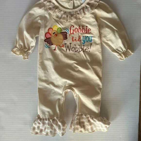 Baby Girl Thanksgiving Turkey Romper Long Sleeved Bubble - Picture 2 of 5